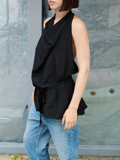 Halter in Black Crepe de Chine