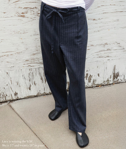 Drawstring Trouser in Linen & Wool Pinstripe Suiting