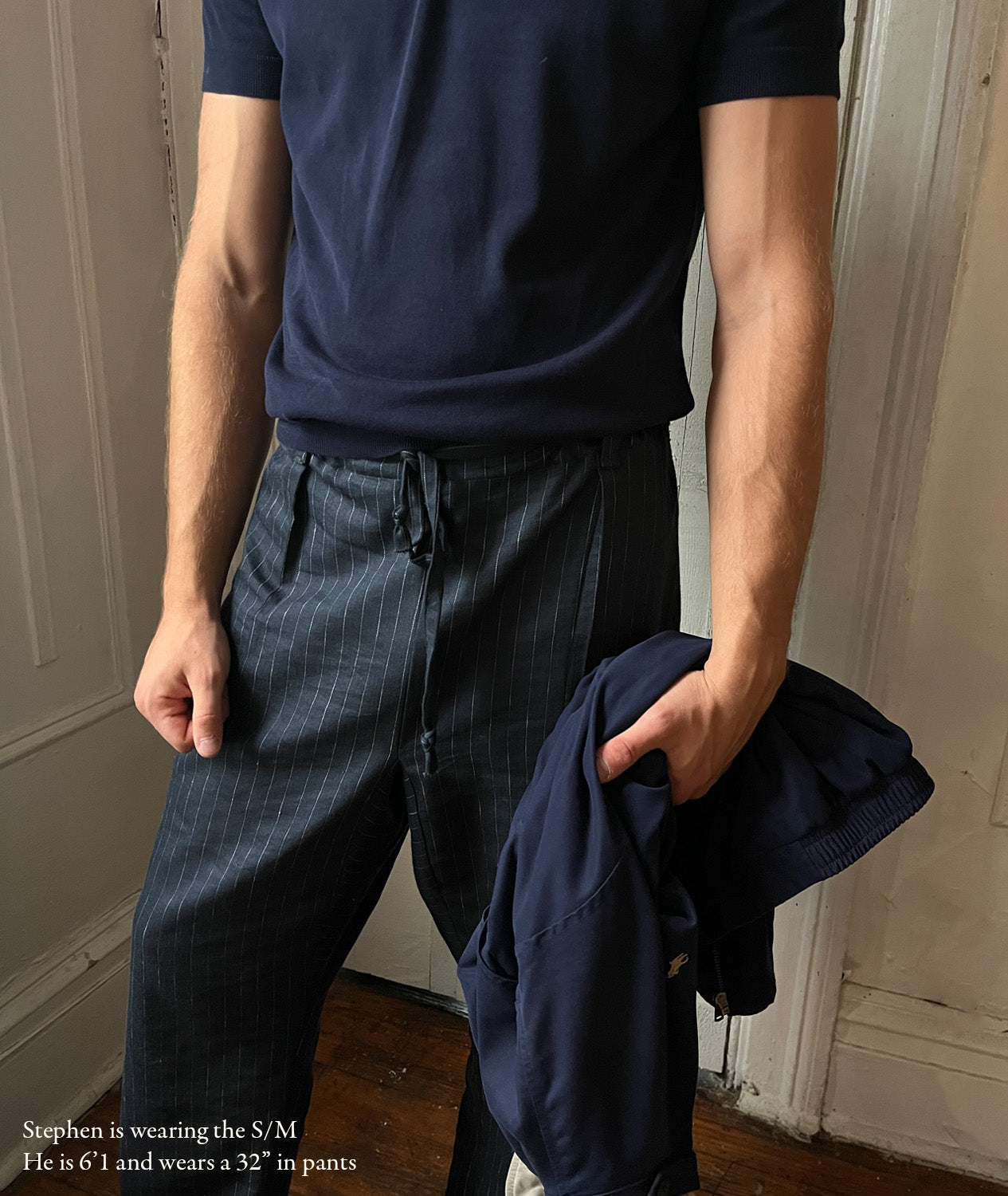 Drawstring Trouser in Linen & Wool Pinstripe Suiting